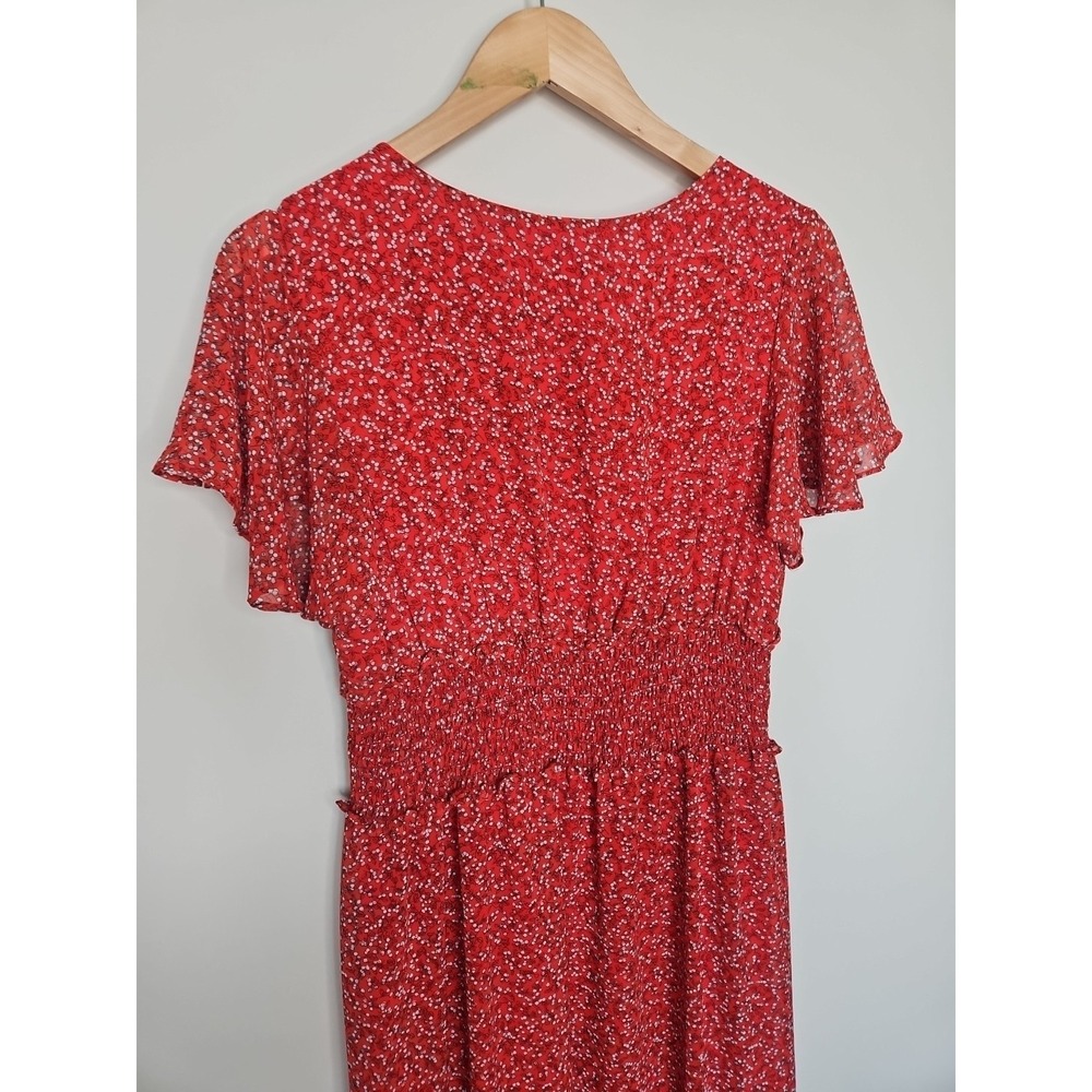 Max Studio Dress M Red Floral Smocked Tiered Boho Prairie Midi CottageCore Fairy - Picture 9 of 15